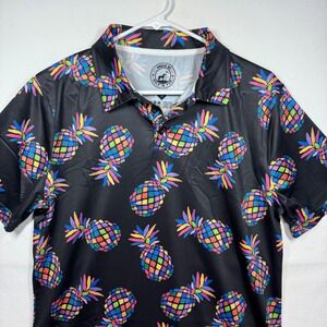 Proud 90 Golf Polo Shirt Men's Size‎ S Black Pineapple Party Print Short Sleeve